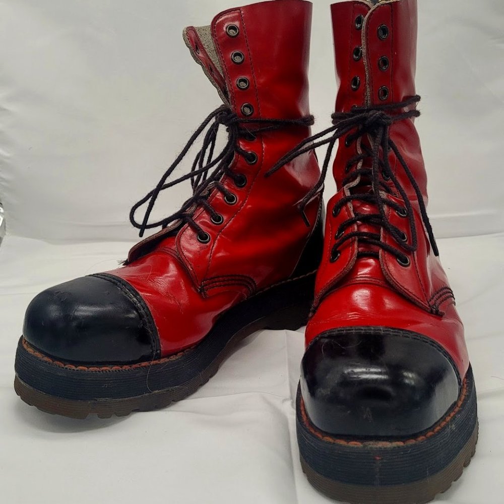 Vintage (Rare) 10-hole, Steel Toe, Quad Sole, RED & BLACK Patent Leather Boots
